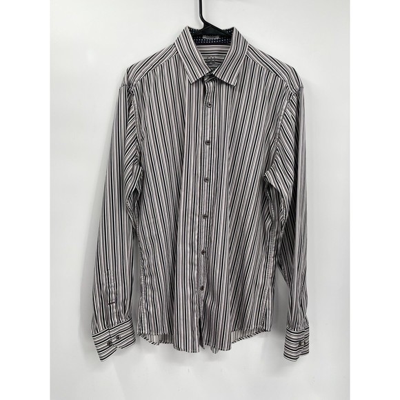 BUGATCHI Shaped Fit  Shirt Mens Size Large‎ Long Sleeve Striped  Flip Cuff - Picture 1 of 9